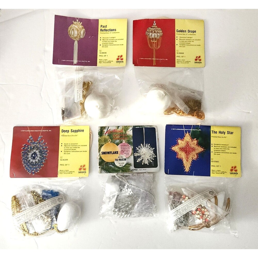 Lot of 5 Vintage 1970s LeeWards Ornament Kits Satin Pushpins Beads NOS